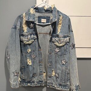 Peach Love Blue Denim Jacket with Classic Label and Shiny Stars
